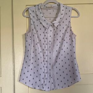 ModCloth White Sleeveless Anchor-Print Button-up Blouse